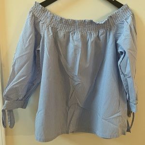 LOFT 3/4 sleeve off the shoulder top, blue/white, size medium